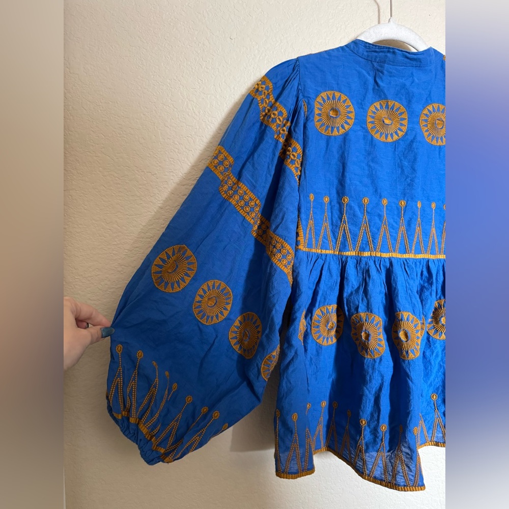 Oliphant Mandarin Balloon Sleeve Top Sz Medium Soleil Blue Cotton Boho Flowy - Picture 9 of 9